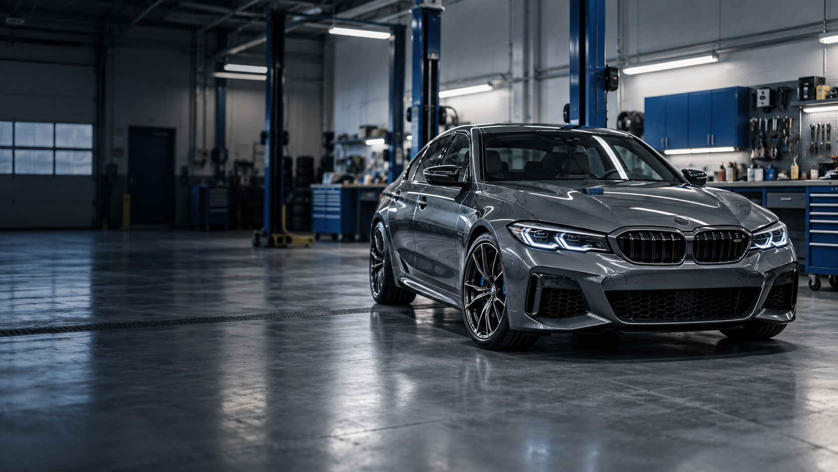 Gray BMW sedan parked in modern automotive service garage with blue equipment lifts